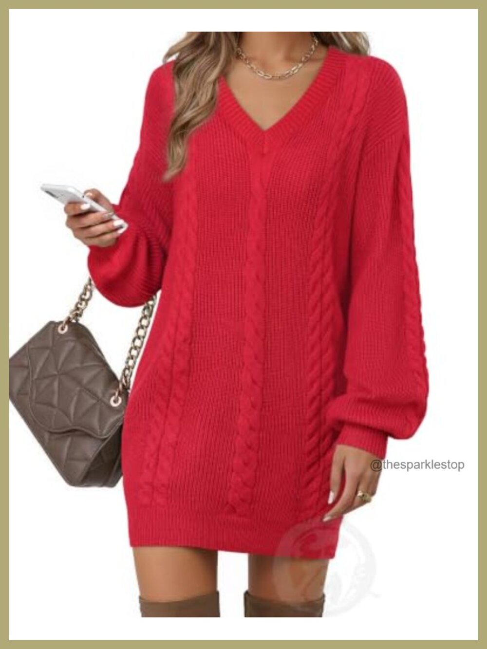 Women's V Neck Lantern Sleeve Knit Mini Sweater Dress